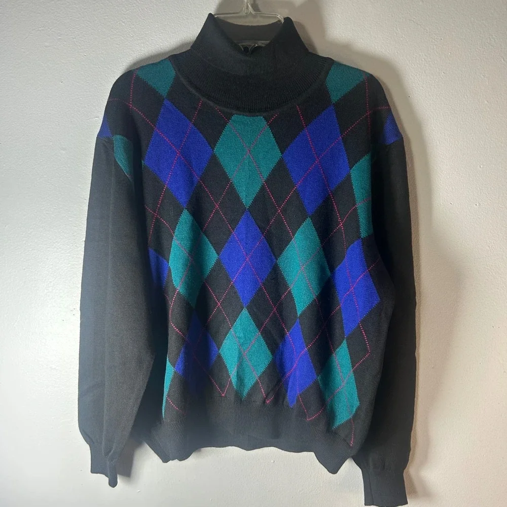 Talbots Petites PM Black Argyle Turtleneck Sweater Merino Wool Made in Italy